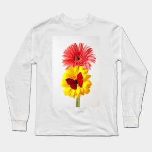 Red Butterfly On Yellow Mum With Pink One Long Sleeve T-Shirt